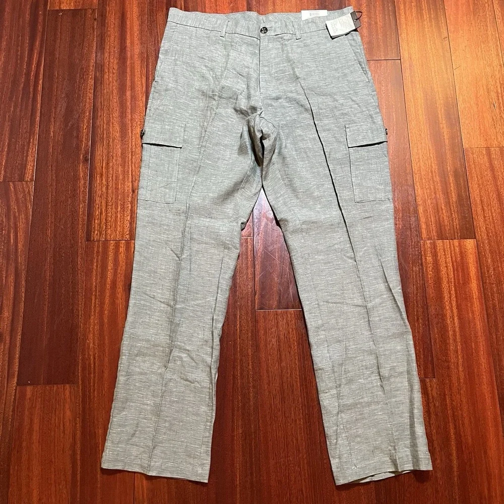 Tasso Elba Island Pants Mens 34x32 Gray 100% Linen Cargo Preppy Casual NEW